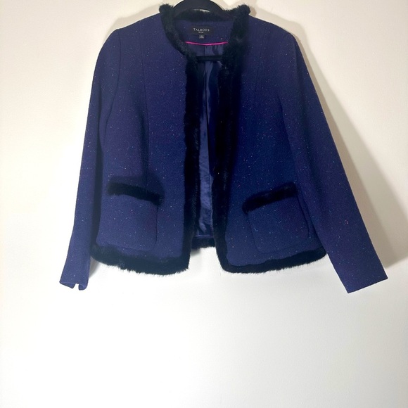 Talbots Speckled wool faux fur trim Navy blazer size 12p - Picture 3 of 12